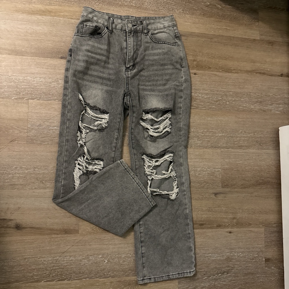 SHEIN grey distressed straight leg jeans